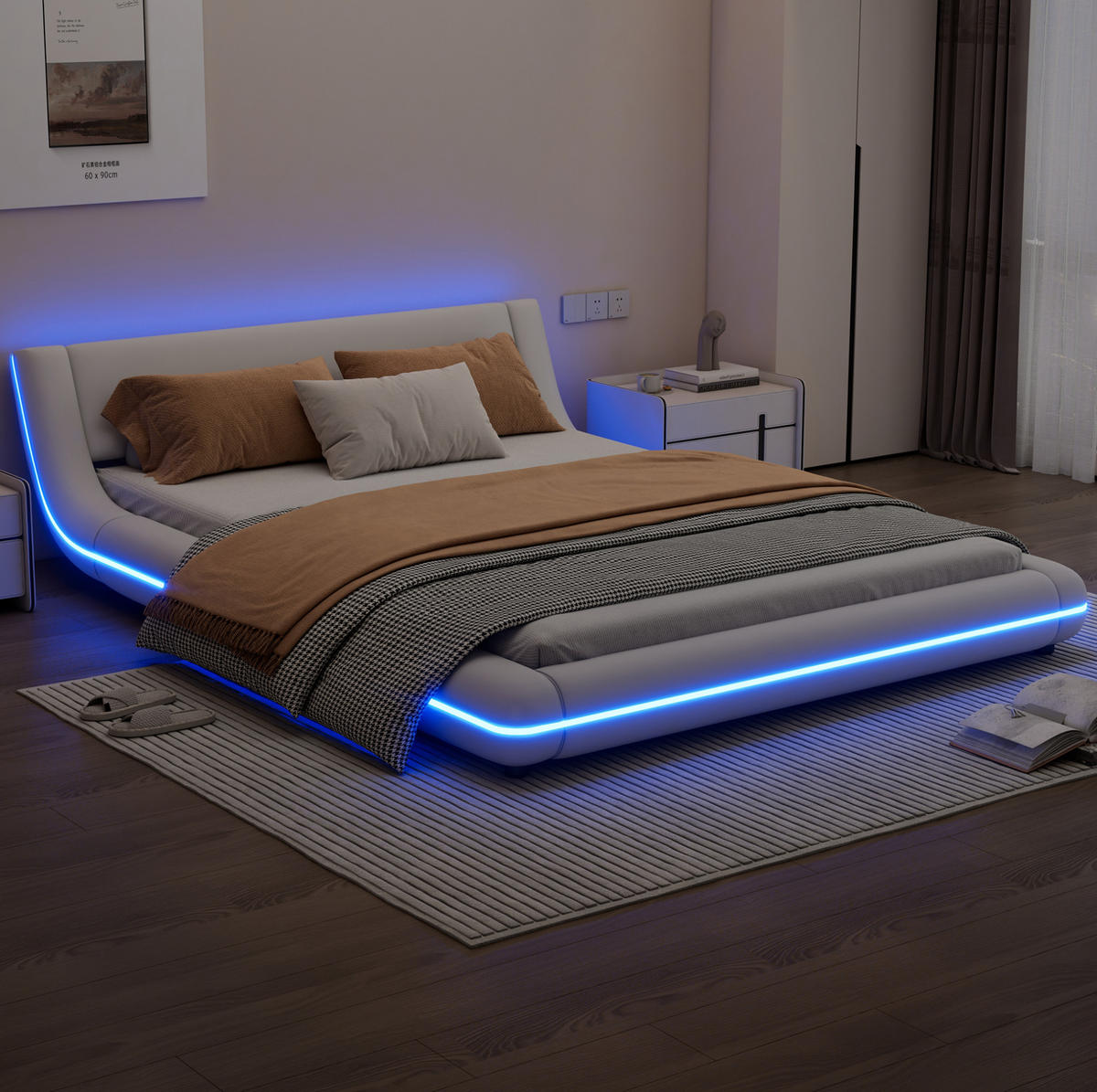 BODENBETT aus PU 140x200 cm Weiß mit LED-Umgebungsbeleuchtung und pflegeleichter Oberfläche - Weiß, Leder (90/200cm) - Modfu
