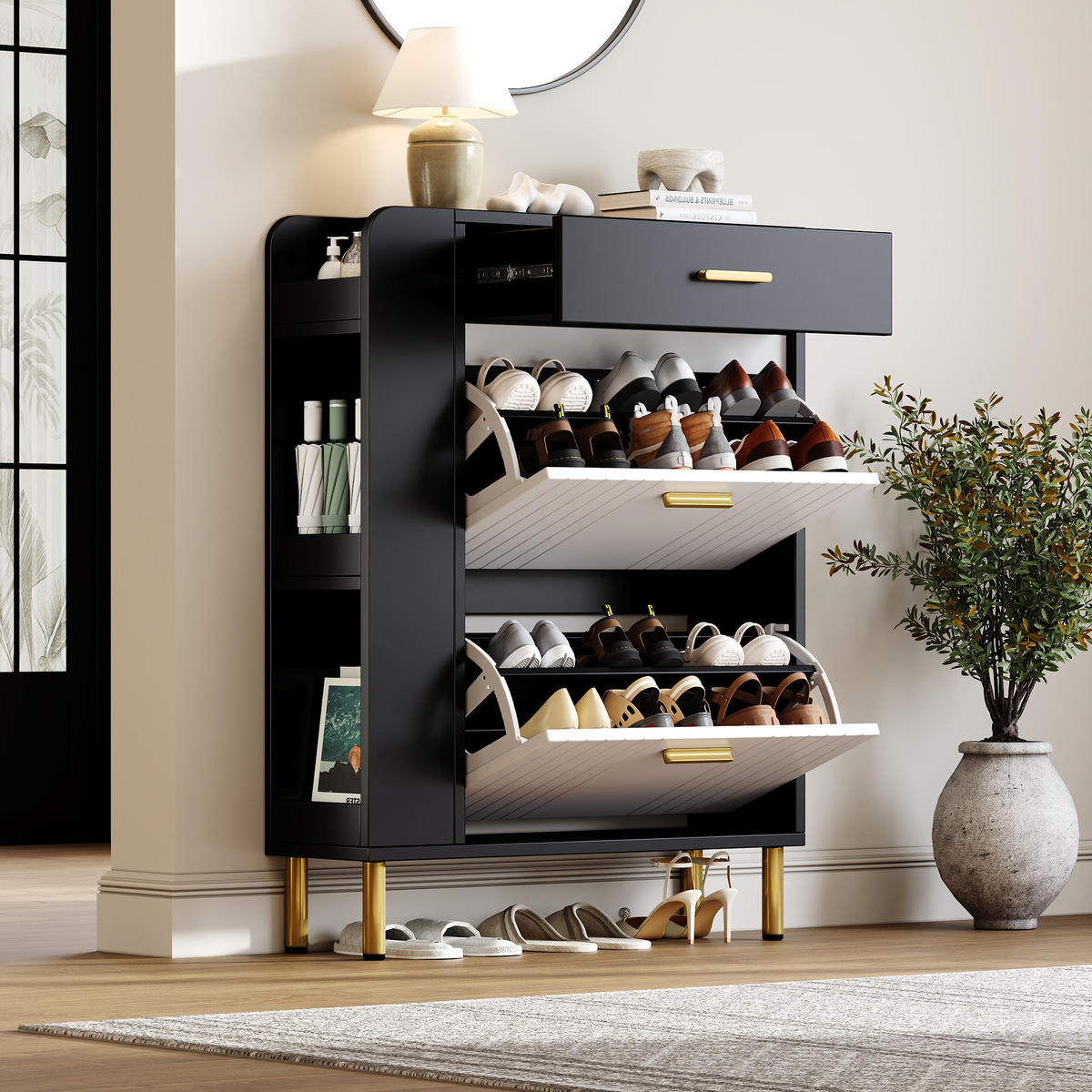 SCHUHSCHRANK aus MDF & Spanplatte 80x24x105cm in Schwarz mit 2 Klappen - Schwarz, Holzwerkstoff (80/105/24cm) - Modfu