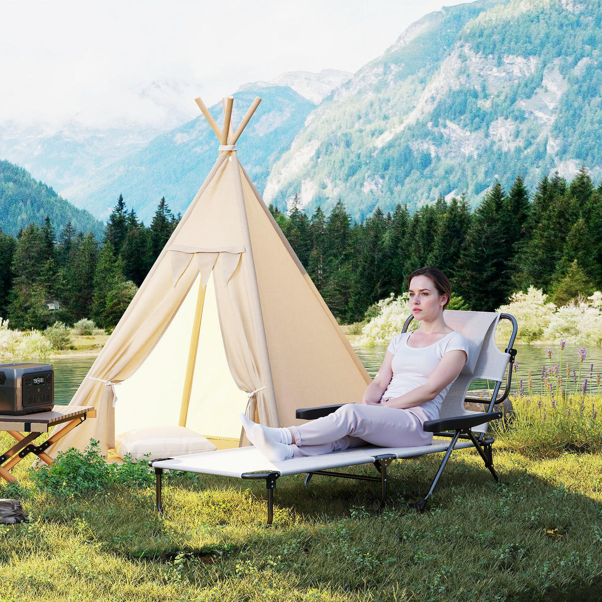 SONNENLIEGE DE-15633 klappbar, 4-fach verstellbar, mit Leseöffnung Creme - Creme, Metall (72/89/145cm) - ComfortXL