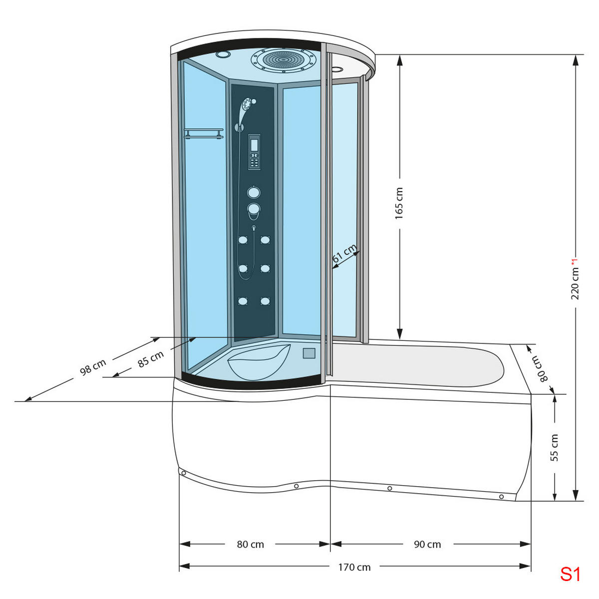 WHIRLPOOL Wanne Duschkabine sw K55-R31-WP-EC 100x1 - Schwarz, Glas/Kunststoff (170/220/98cm) - AcquaVapore by Sandra Jentho