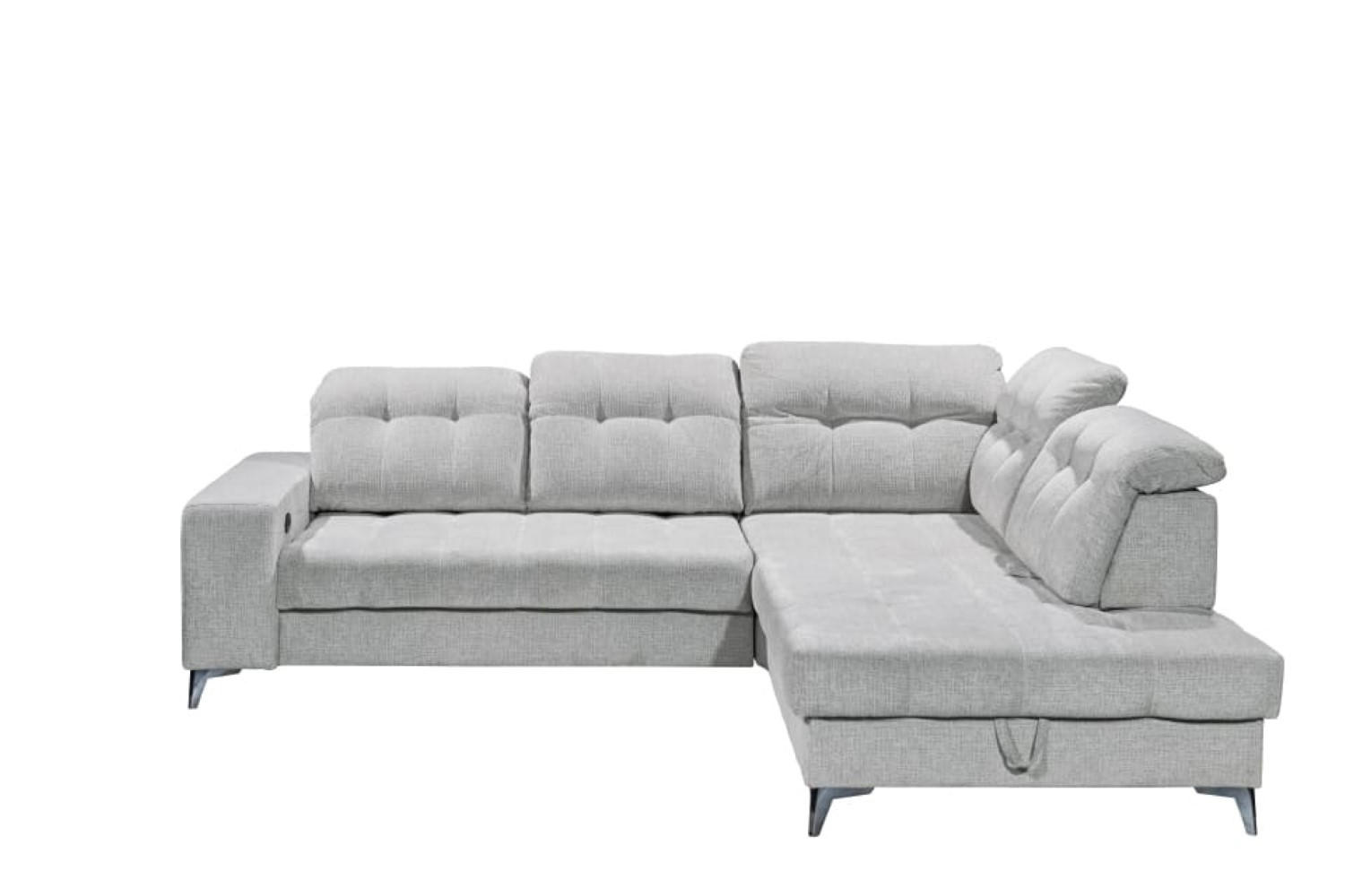ECKSOFA mit elektronischem Sitzvorschub, Bettkasten und USB-Anschluss - Hellgrau/Schwarz, Textil/Metall (220/289cm) - ed exciting design