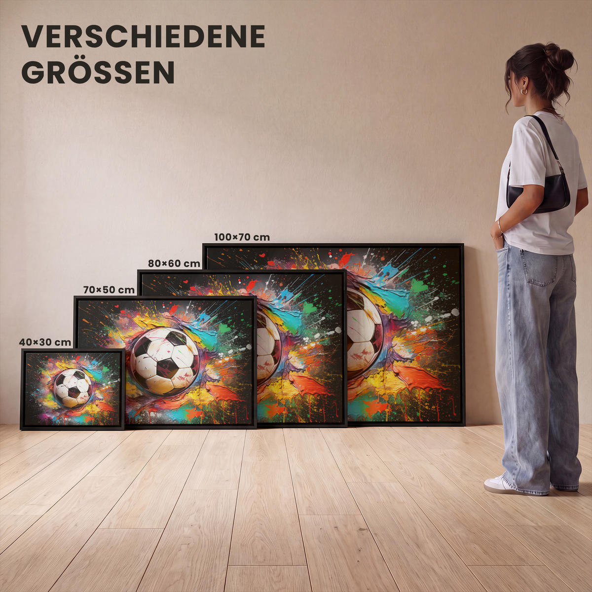 LEINWAND Bilder mit Rahmen - Fußball - Farbe - Farben - Schwarz - Weiß - 80x60 - Weiß, Textil (80/60cm) - MuchoWow