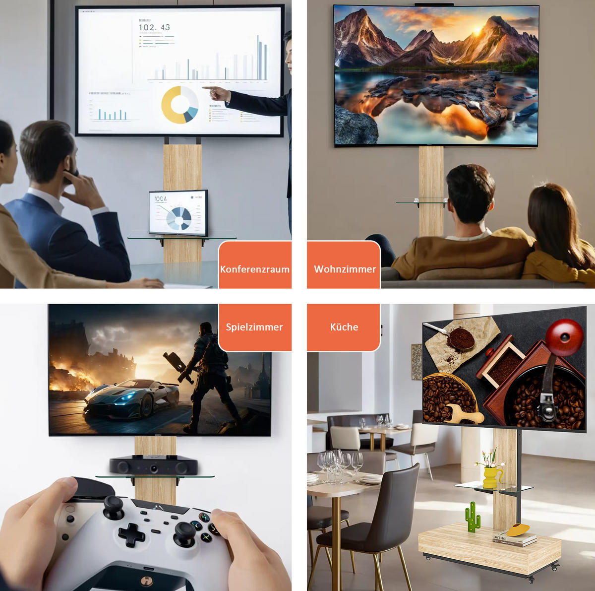 TV-STÄNDER Breite 60 cm höhenverstellbar mit Rollen & MDF-Ablagen - Hellbraun, Holzwerkstoff (60/150/40cm) - BEAOK