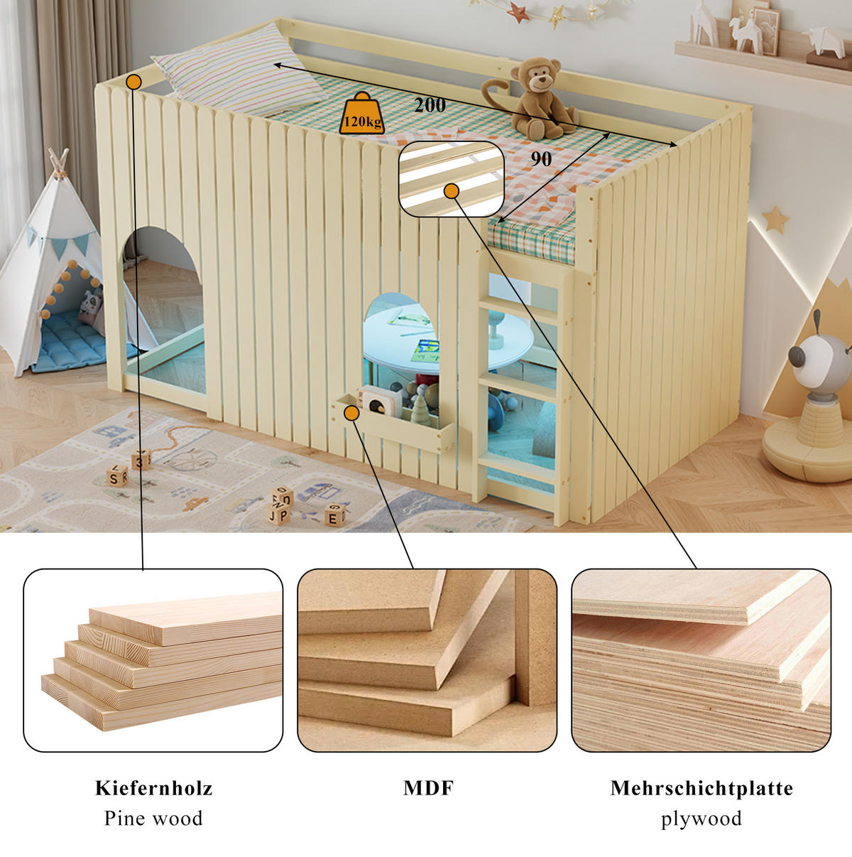 HOCHBETT Natur 90/200 cm mit LED und Leiter ohne Matratze - Naturfarben, Holz (90/200cm) - MIVRAY