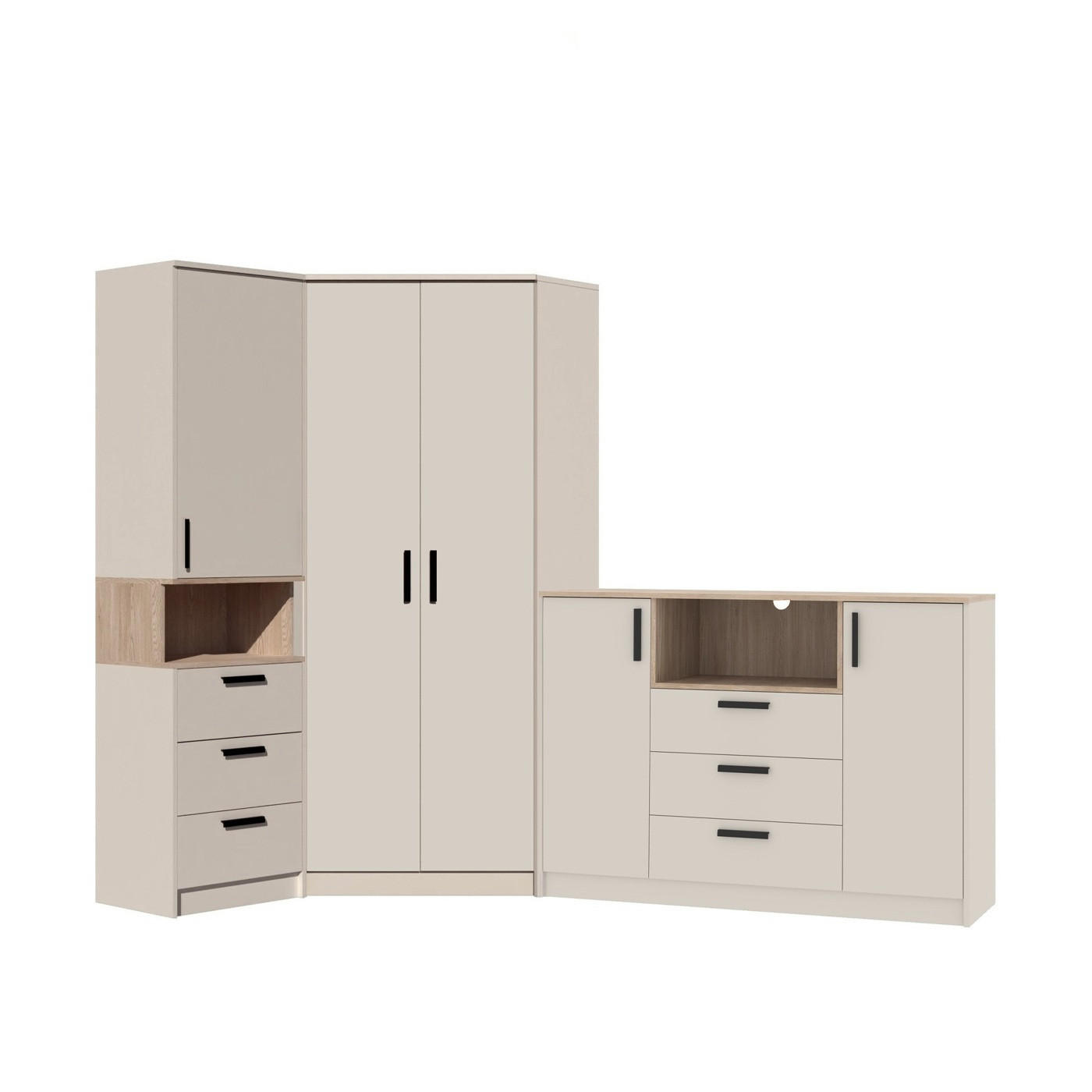 SCHRANKSYSTEM ECKSCHRANK REGAL KOMMODE GRANT 38 GRAUBEIGE CASHMERE 143/228X195X40 - Kaschmir/Schwarz, Holzwerkstoff (228/195/40cm) - Marmex Möbel