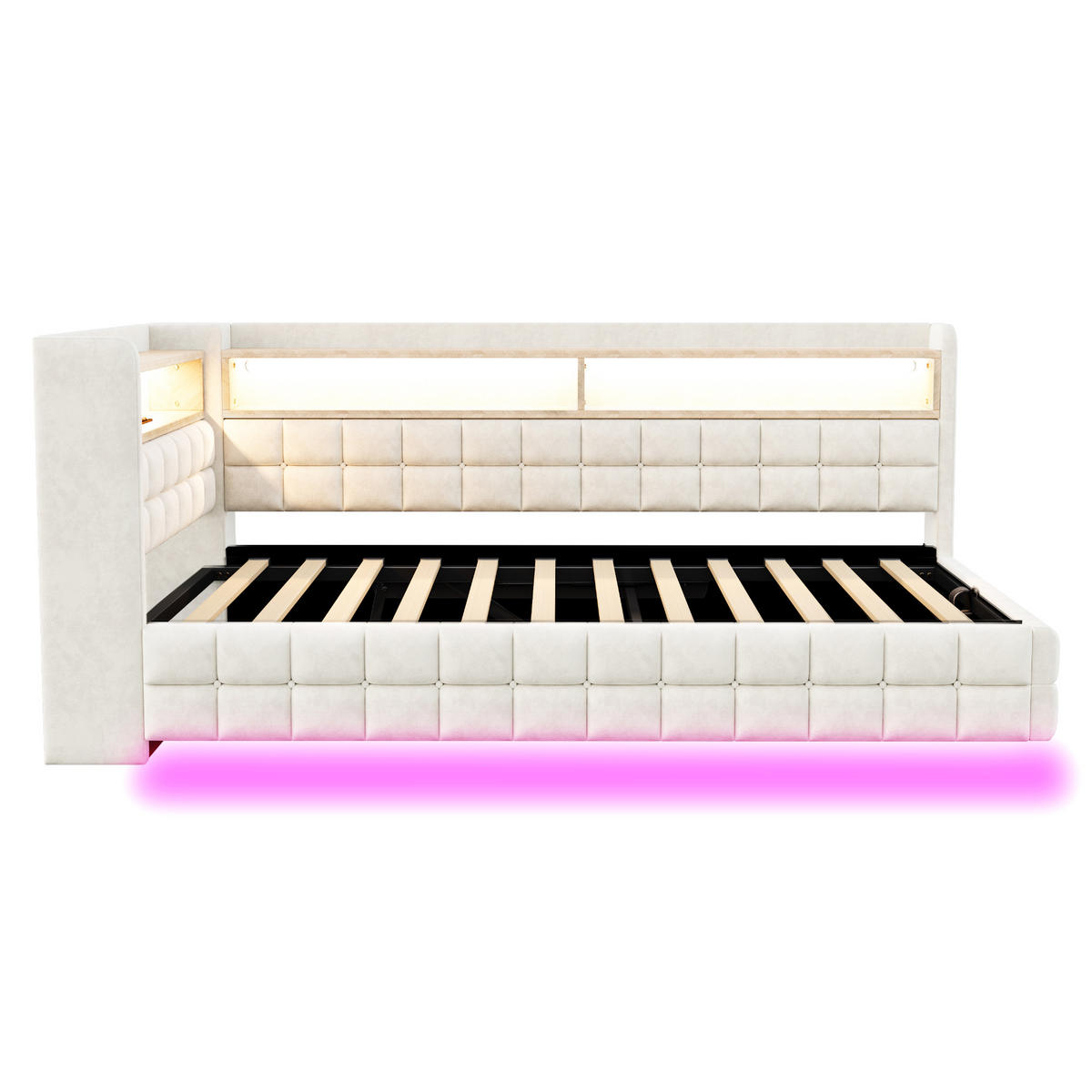 SCHLAFSOFA 90/200 cm in Beige Samt mit Bettkasten, Regal, LED und USB - Beige, Holzwerkstoff/Textil (90/200cm) - WISHDOR