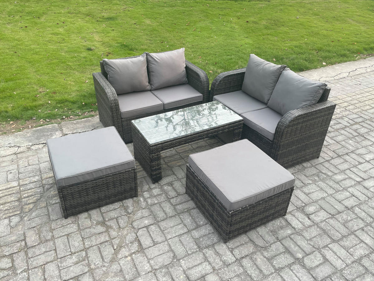 GARTENSOFA SET mit COUCHTISCH 2 HOCKERN Polyrattan 6-Sitzer - Dunkelgrau/Grau, Glas/Kunststoff - Fimous