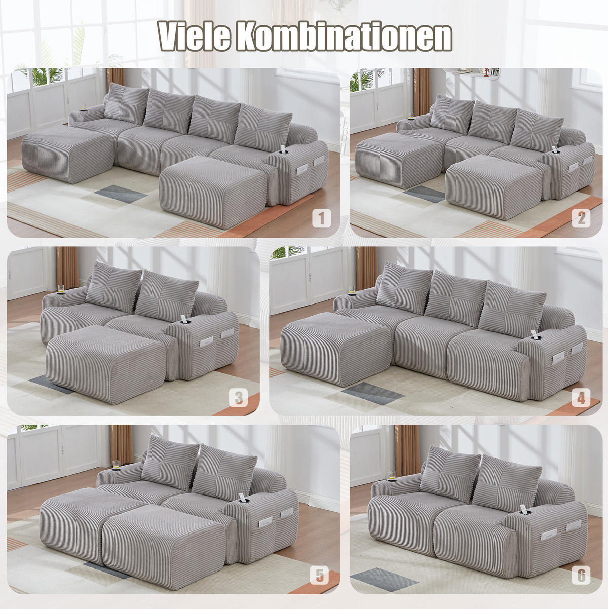 SOFA 268/174/80 cm in Hellgrau mit Cupholder und Aufbewahrungstasche - Hellgrau, Textil (174/80/268cm) - Flora Grace