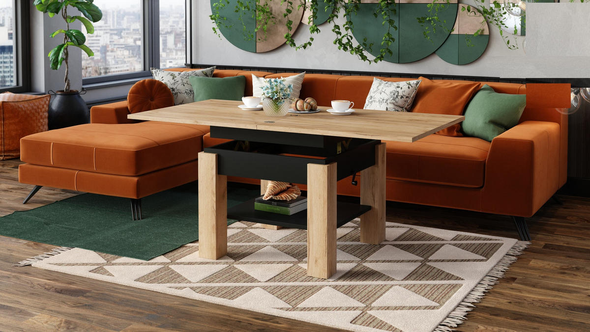 COUCHTISCH quadratisch aufklappbar höhenverstellbar 70/75/69 cm - Eichefarben/Schwarz, Holzwerkstoff (75/70/57cm) - designimpex