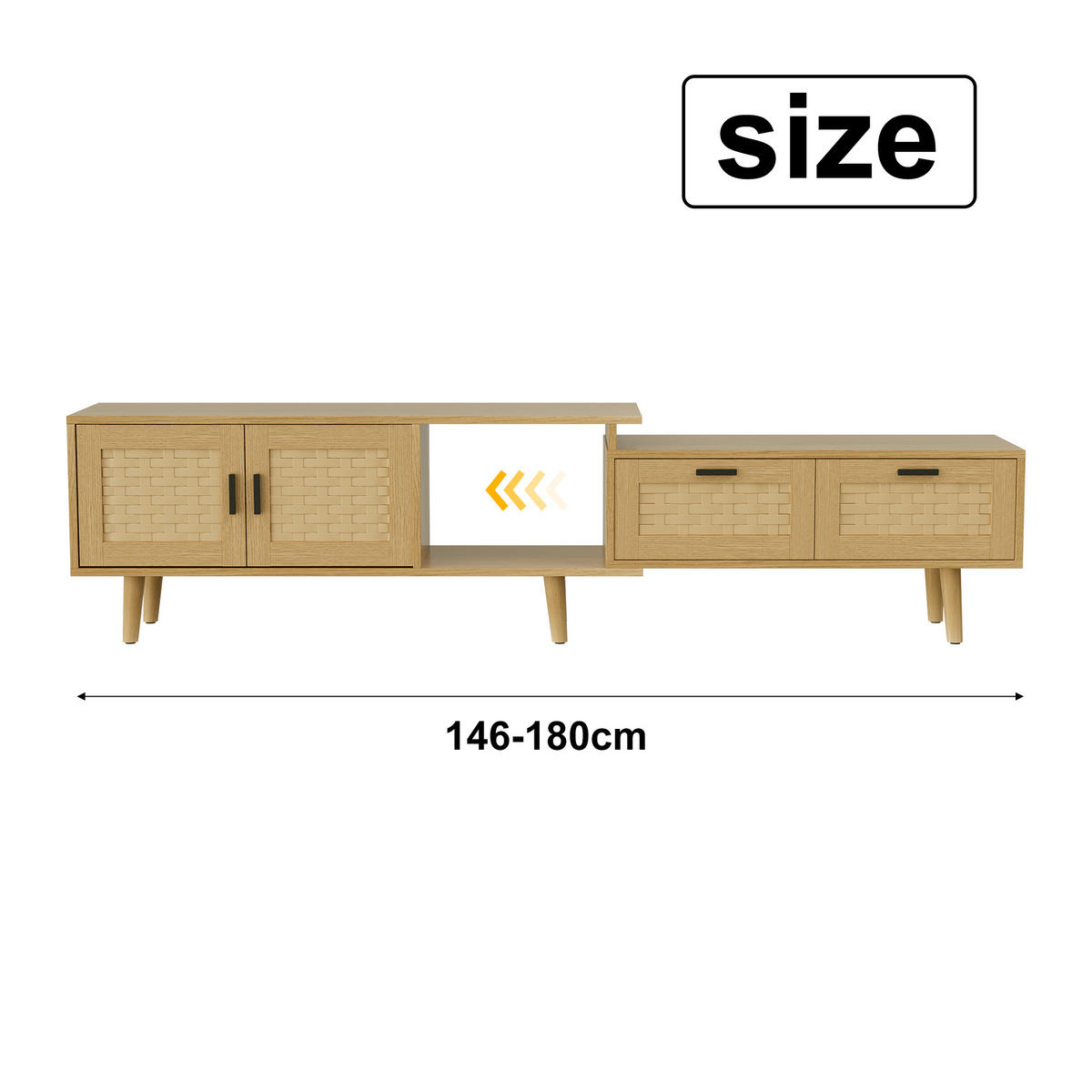 LOWBOARD, mit Rattantüren, mit 2 Schubladen und 2 Türen, 146-180x30x44cm Ausziehbarer - Eiche Artisan, Holz (29.8/44/146cm) - WoodenAura
