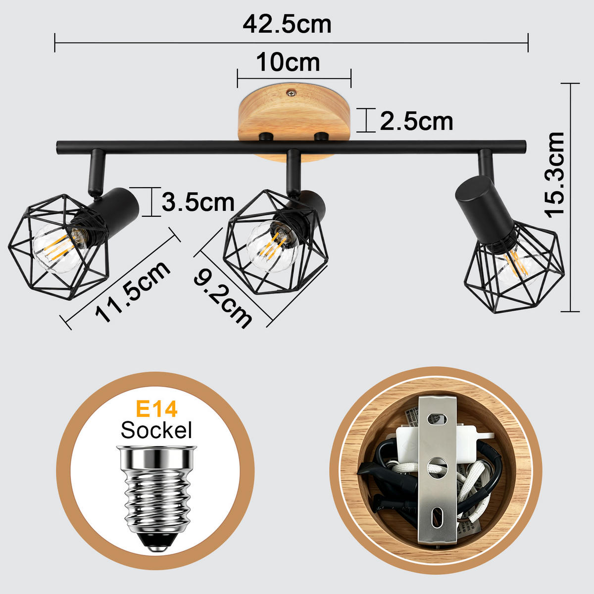 DECKENSTRAHLER Helyvith 42.5/9.2/15.3 cm - Schwarz/Braun, Holz/Metall (42.5/9.2/15.3cm) - ZMH