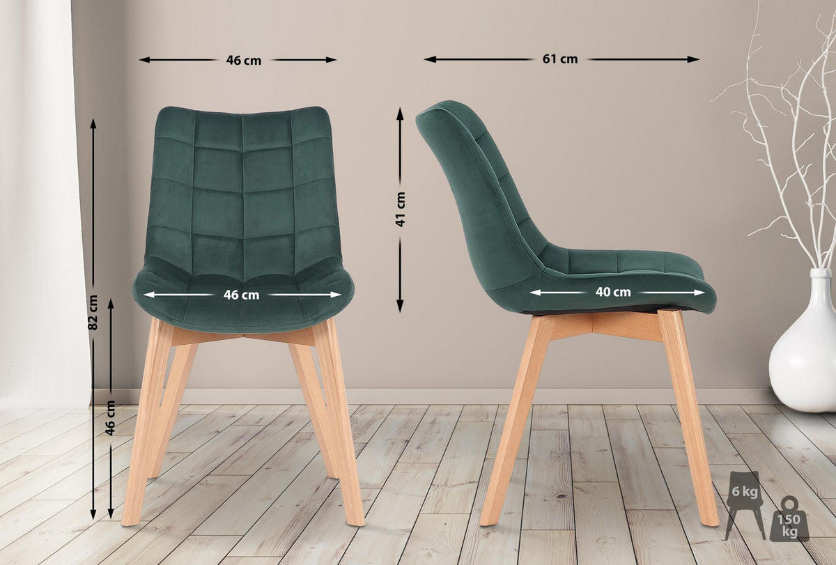 STUHL 2er Set Samt Grün - Eukalyptusholzfarben/Grün, Holz/Textil (46/82/61cm) - CLP