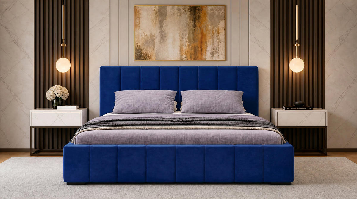 MARPUR Polsterbett NERO 180x200 cm mit Bettkasten und Lattenrost, Dunkelblau - Chromfarben/Dunkelblau, Holz/Holzwerkstoff (180/200cm) - Marpur