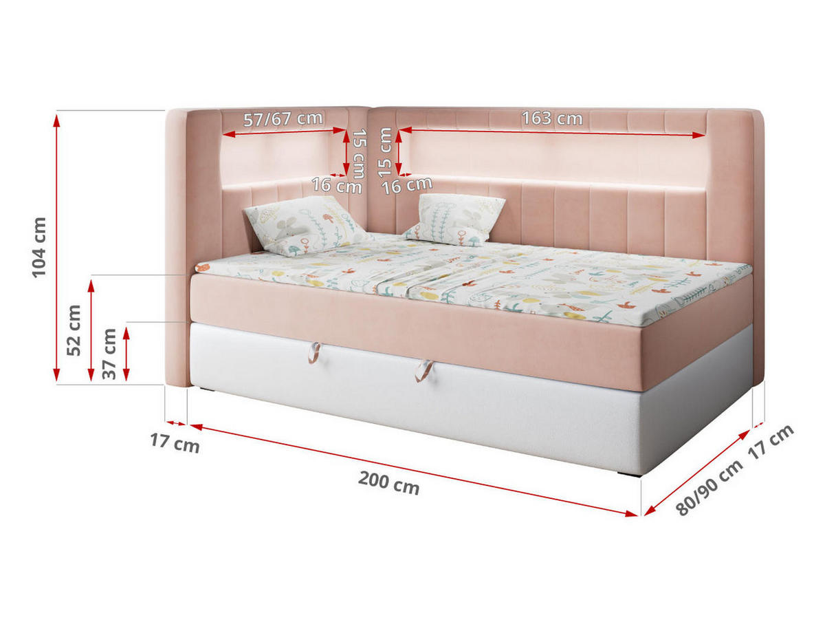 BOXSPRINGBETT JUNIOR GOLD 3 90/200 Rosa/Weiß - linke Seite - Rosa/Weiß, Holz/Textil (90/200cm) - MKS