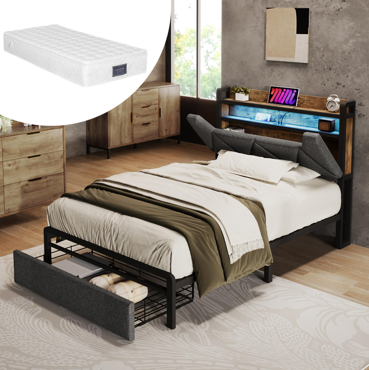 POLSTERBETT 90/200 cm mit LED, USB-C, Stauraum-Kopfteil, Schublade und Matratze, Grau - Grau, Textil (90/200cm) - Redom