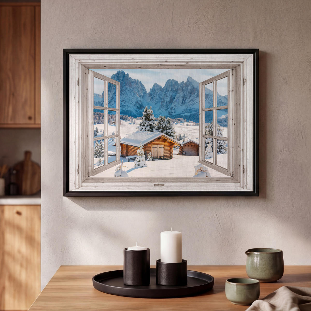 LEINWAND Bilder mit Rahmen - Winterlandschaft - Hütte - Berge - Ausblicke - Aussicht - Natur - 40x30 - Weiß Hochglanz, Textil (40/30cm) - MuchoWow