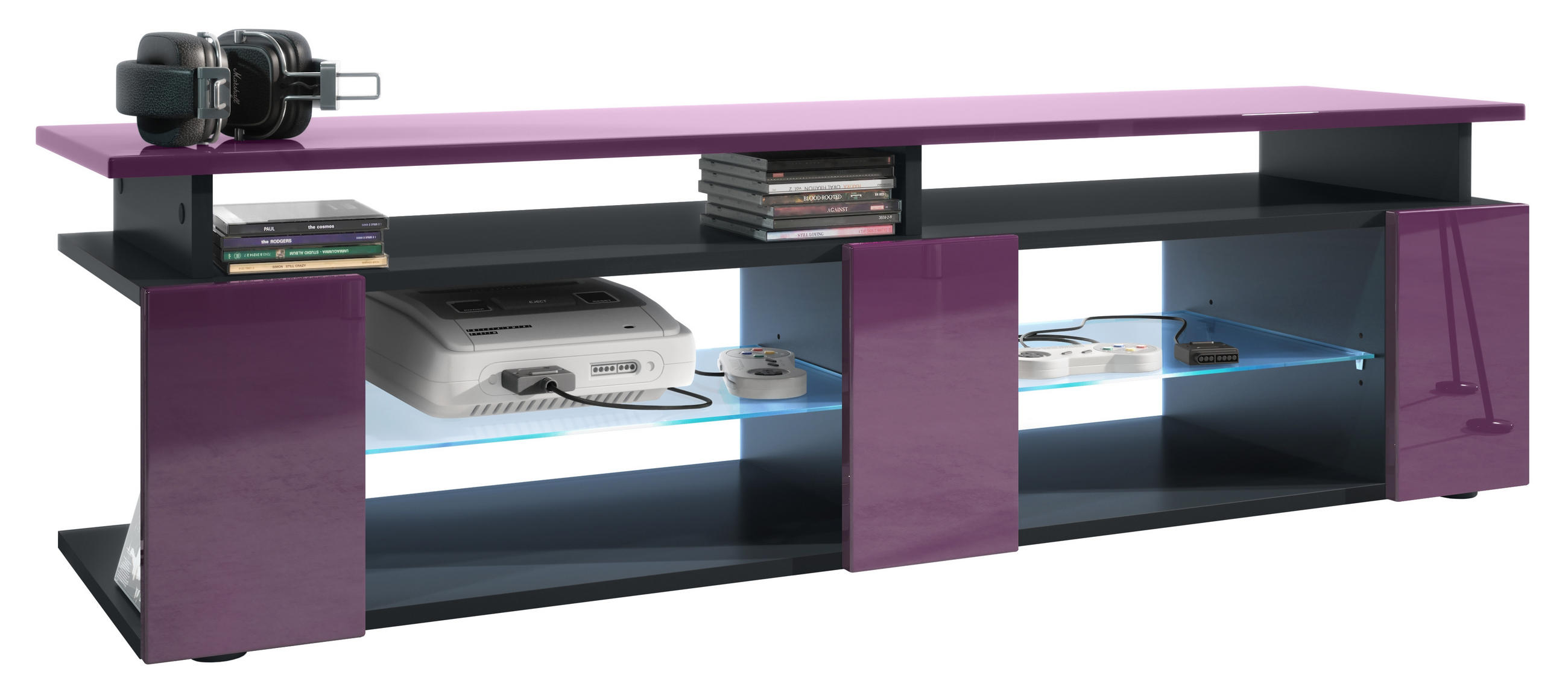 LOWBOARD Movie Fronten und obere Platte des Aufsatzes in Brombeer Hochglanz - Brombeere, Holzwerkstoff (138.5/39/39cm) - Vladon