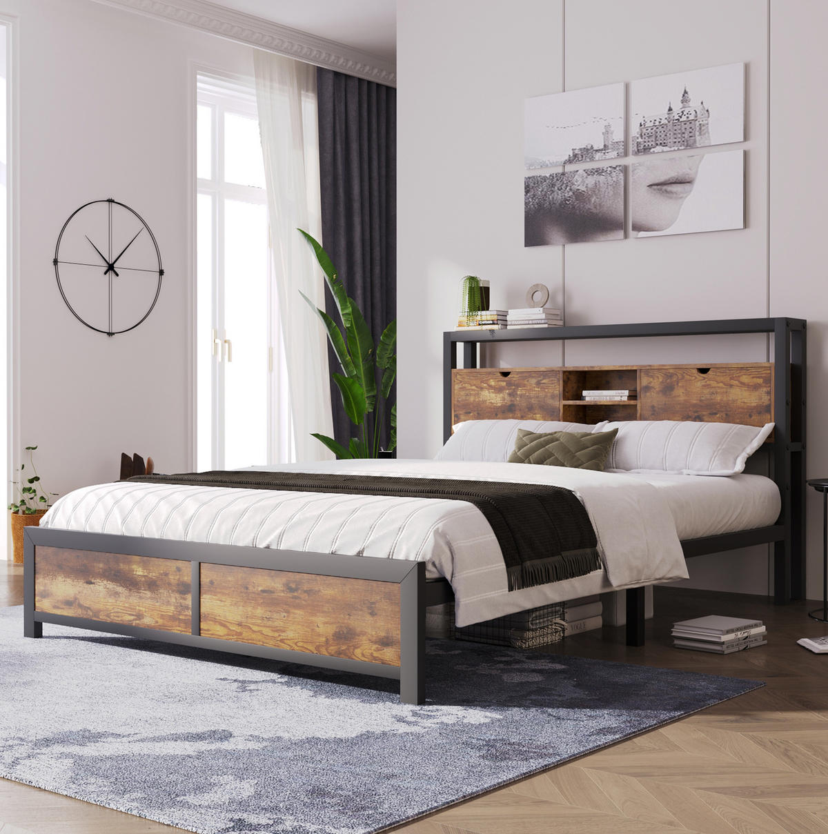 METALLBETT 140/200 cm in Naturfarben mit Stauraum-Kopfteil und Metall-Lattenrost - Naturfarben, Metall (140/200cm) - Flora Grace