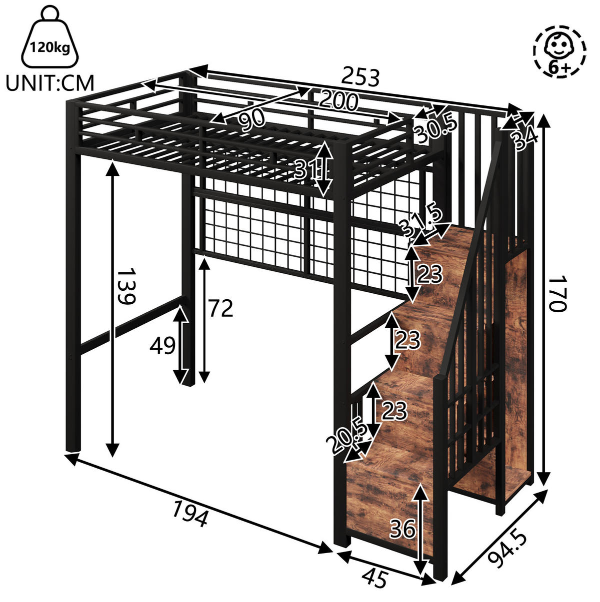 HOCHBETT aus Metall und MDF 90x200 cm Schwarz mit Stauraumleiter, Kleiderschrank und LED - Schwarz, Metall (90/200cm) - IVMEU