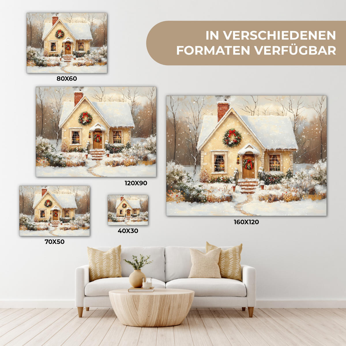 LEINWANDBILD Weihnachten - Zuhause - Winter - Schnee 40x30 cm - Creme, Textil (40/30cm) - MuchoWow