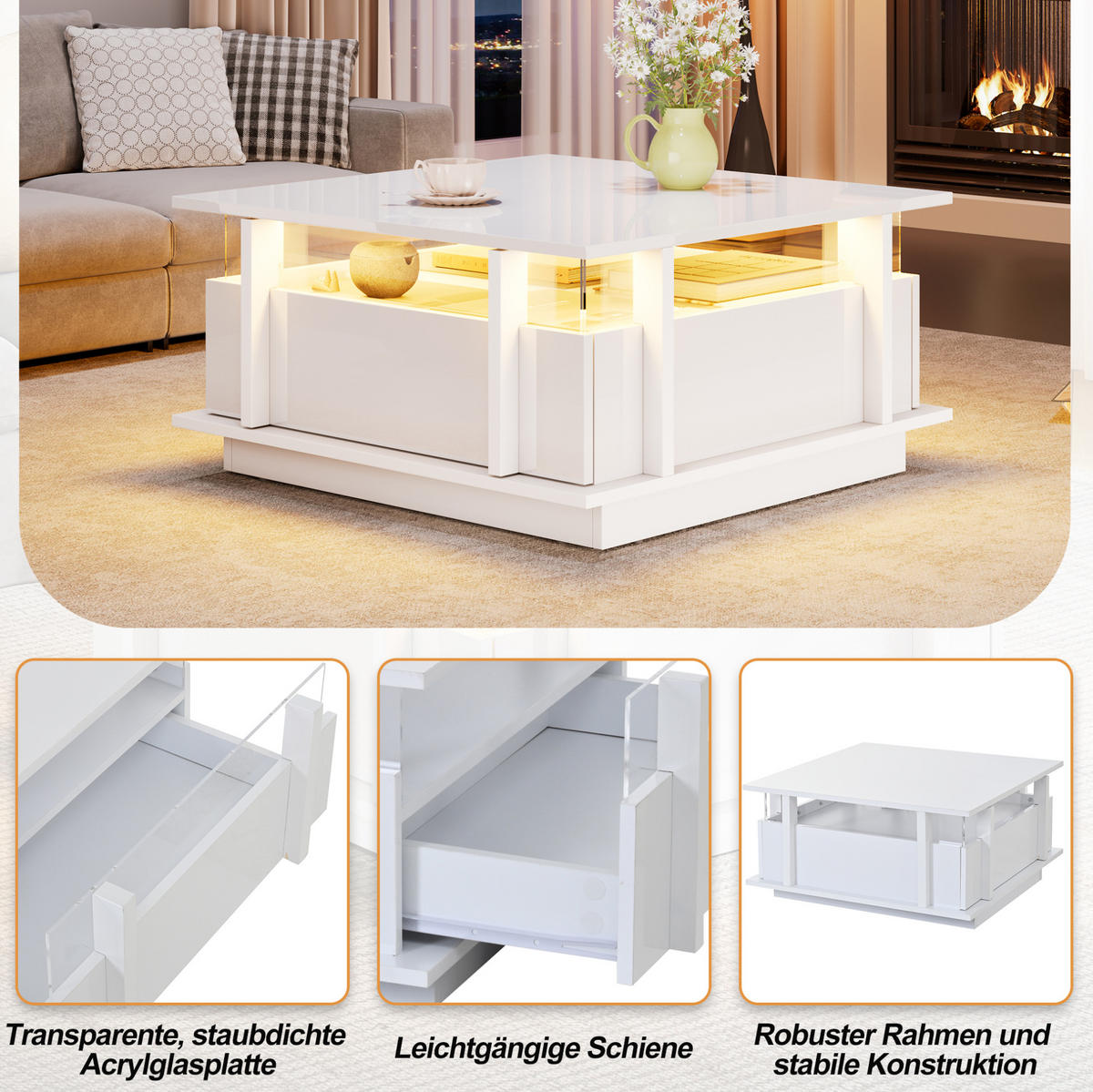 COUCHTISCH 70/70/35 cm Weiß aus Spanplatte mit 2 Schubladen und LED-Beleuchtung - Weiß, Holzwerkstoff (70/70/35cm) - OKMYHOME