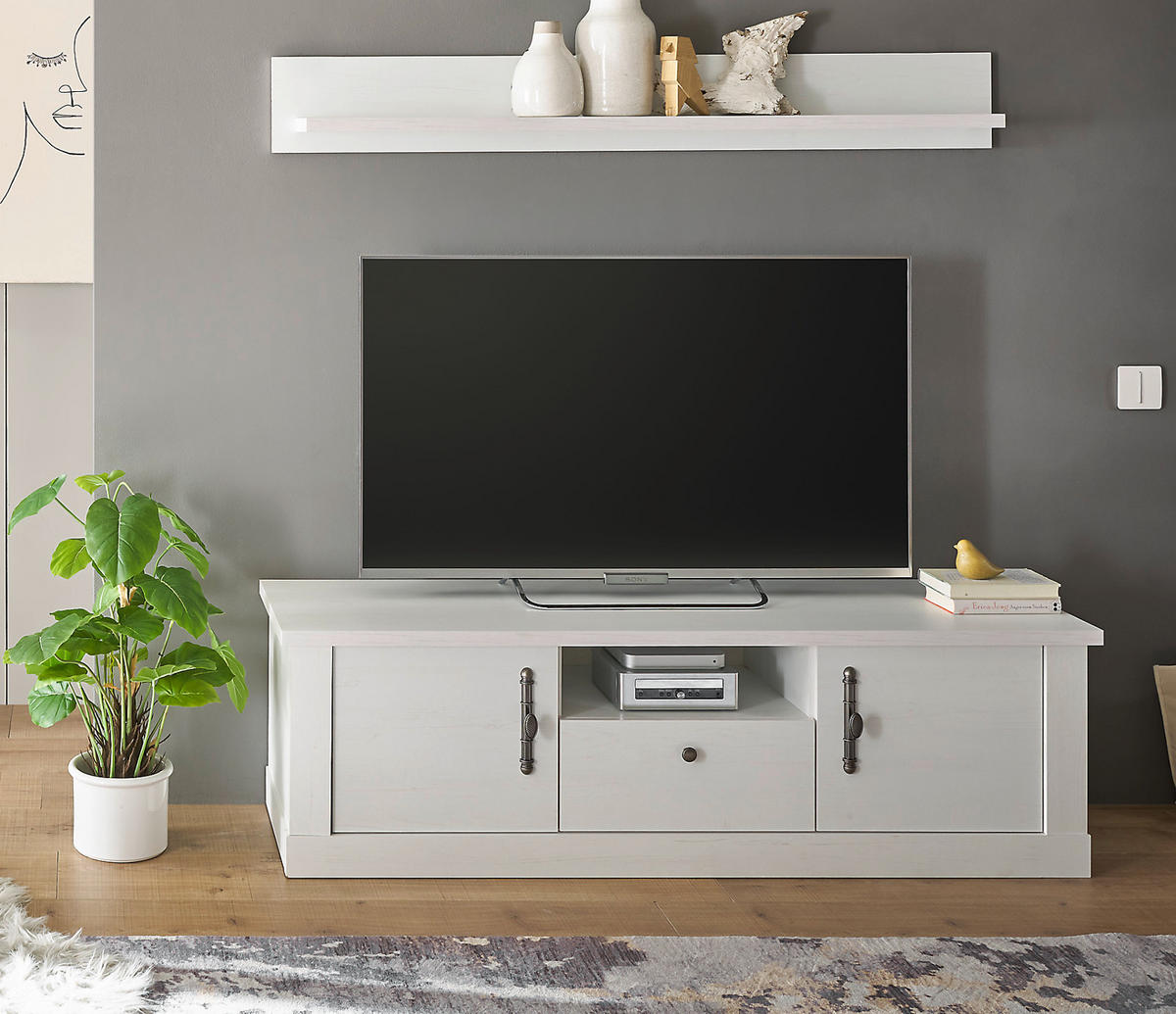 TV-LOWBOARD weiß Pinie Landhaus, TV Unterteil 155 cm, Soft-Close-Funktion - Weiß, Holzwerkstoff/Kunststoff (158/51/45cm) - Furn.Design