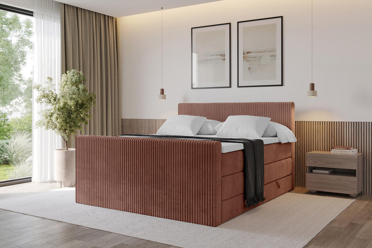 BOXSPRINGBETT mit Matratze H3|H4 und Lattenrost - TOLO-Z KING 200x200 Cord - Ziegelrot - Rostfarben, Holzwerkstoff (200/200cm) - ALTDECOR
