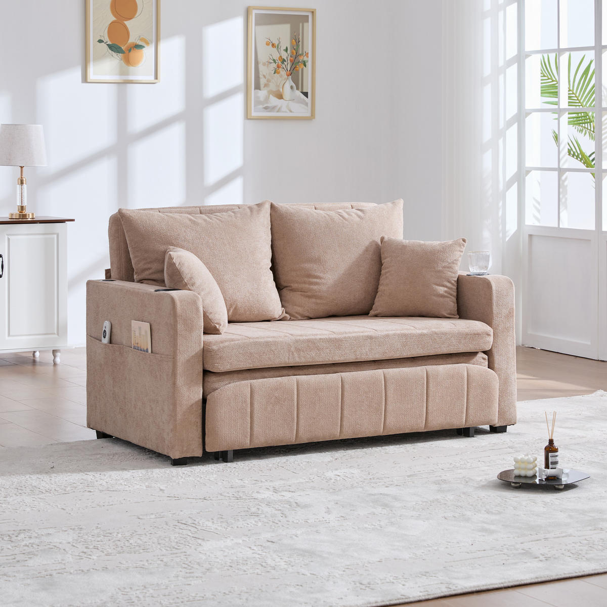 SOFA Klappbar mit USB-Ladefunktion und Becherhalter Chenille Khaki 139/83/58 cm - Naturfarben, Textil (139/83/73cm) - OKWISH