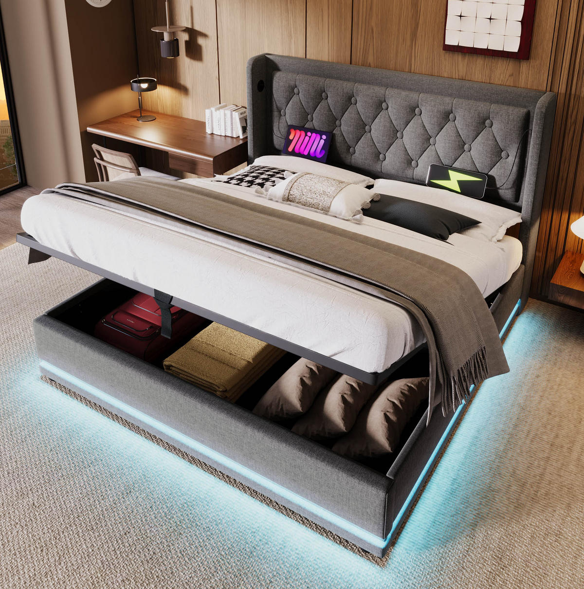 POLSTERBETT mit Stauraum, LED und USB 140x200 cm Baumwolle Grau inkl. Matratze - Grau, Metall (140/200cm) - Meubliv