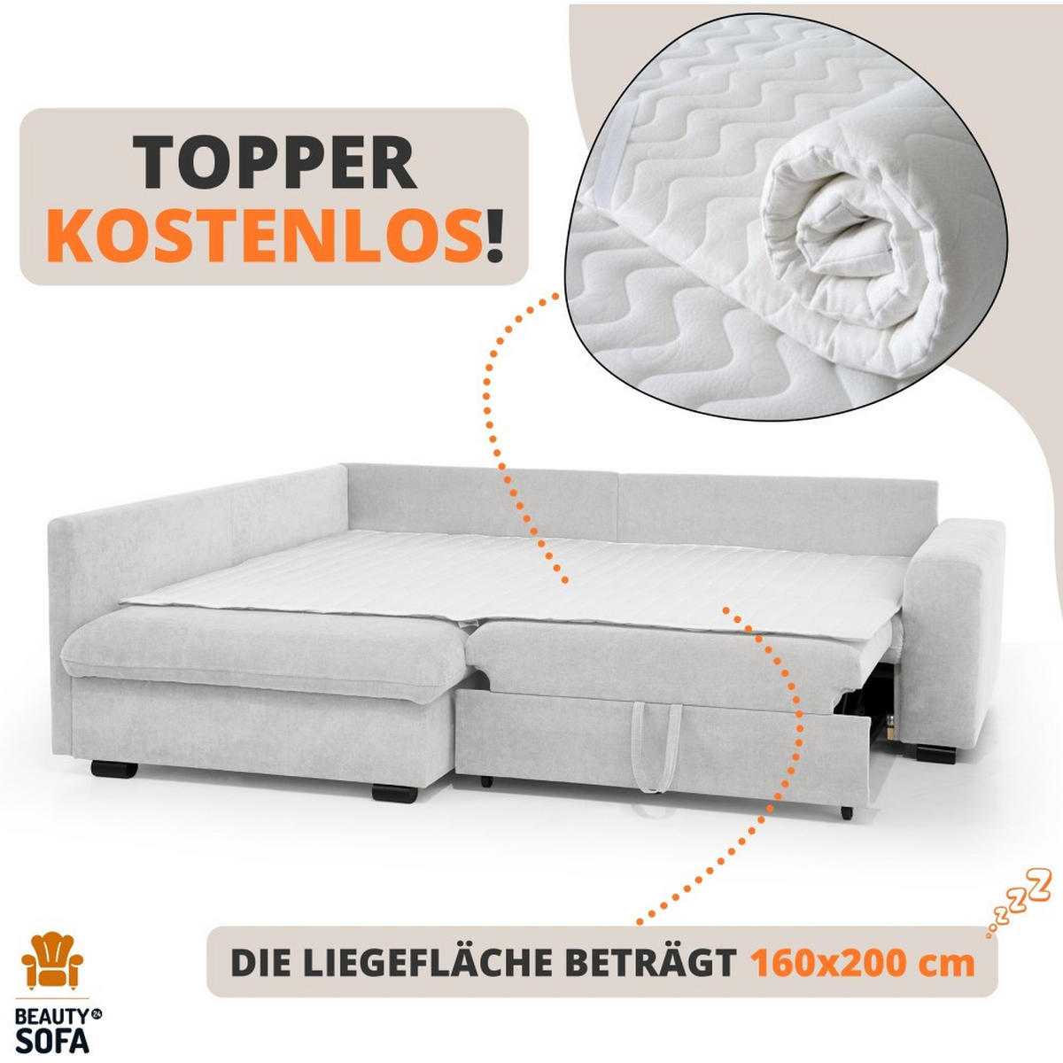 ECKSCHLAFSOFA Ramo mit Bettkasten, Topper gratis, Beige, links - Beige/Schwarz, Textil (229/190cm) - Beautysofa