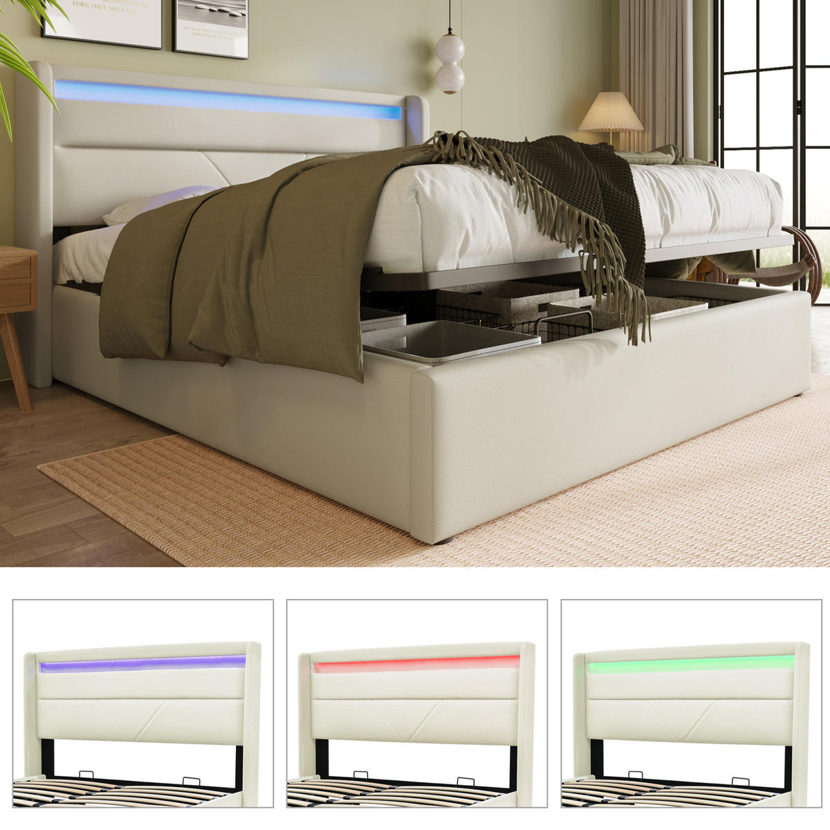 BETT mit LED und Bettkasten 160x200 cm PU Weiß - Weiß, Metall (160/200cm) - Meubliv