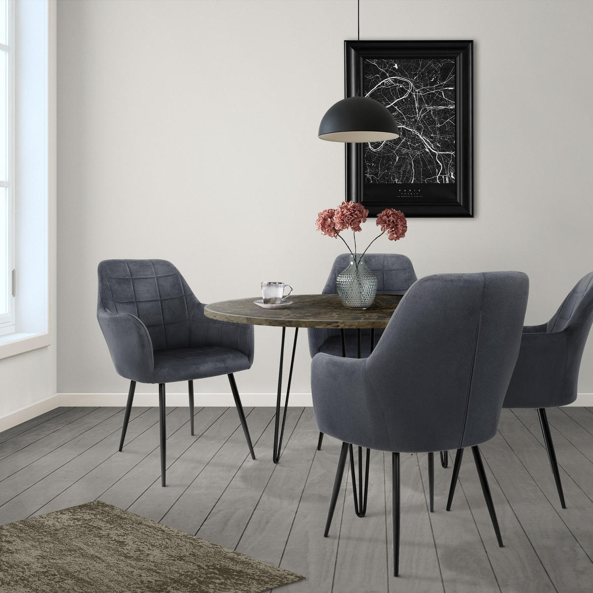 ESSZIMMERSTUHL 4er Set Dunkelgrau Samt - Schwarz/Grau, Textil/Metall (43/83/58cm) - ECD-Germany