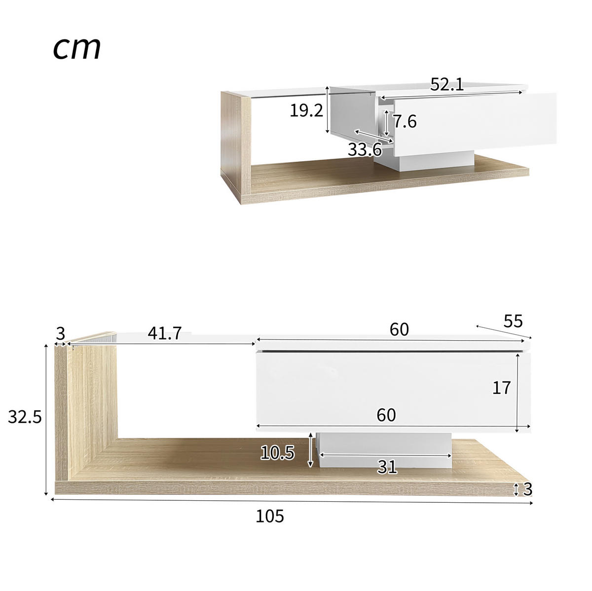 COUCHTISCH 105/55 cm mit Ablagefach, Glasplatte und LED-Beleuchtung - Weiß, Holzwerkstoff (105/55/32.5cm) - BEAOK