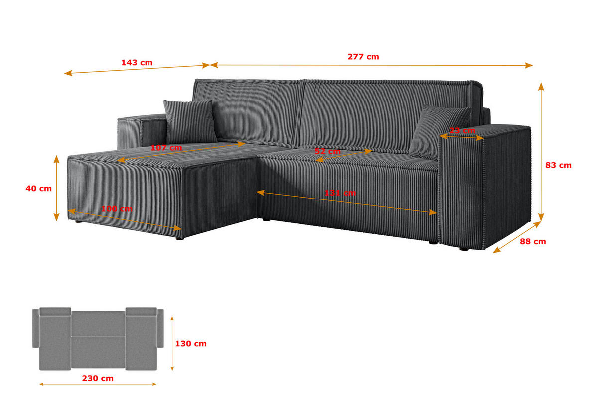 ECKSOFA mit Schlaffunktion und Bettkasten CELTIC-XL - 277x143x83 cm Dunkelgrau Cord - Dunkelgrau/Schwarz, Holzwerkstoff/Kunststoff (277/143cm) - ALTDECOR