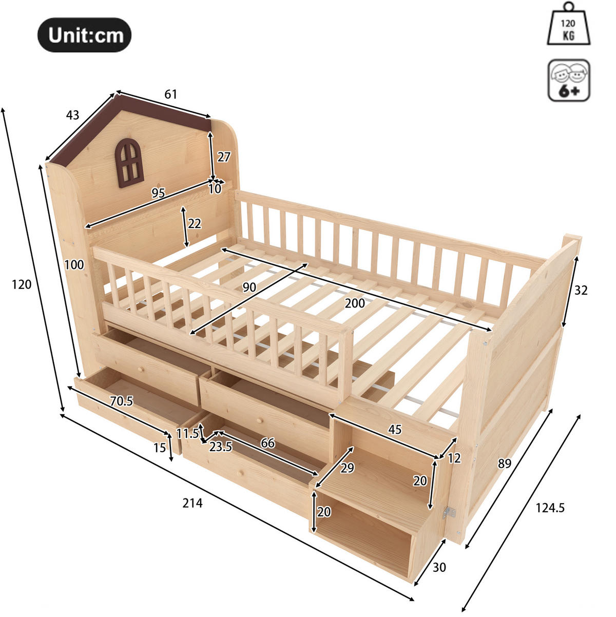 HALBHOHES Kinderbett 90/200 cm aus Kiefernholz mit LED-Beleuchtung, 4 Schubladen und Regalleiter, Weiß/Natur - Naturfarben, Holzwerkstoff (90/200cm) - Redom