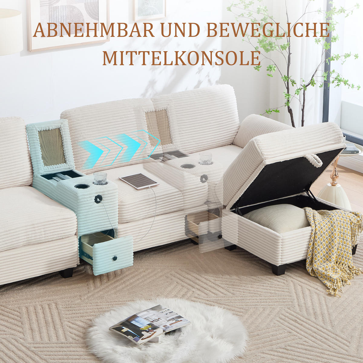 ECKSOFA Cord mit Memory Foam USB-Anschluss und Stauraum 266/136/82 cm Beige - Beige, Textil (136/82/266cm) - Redom