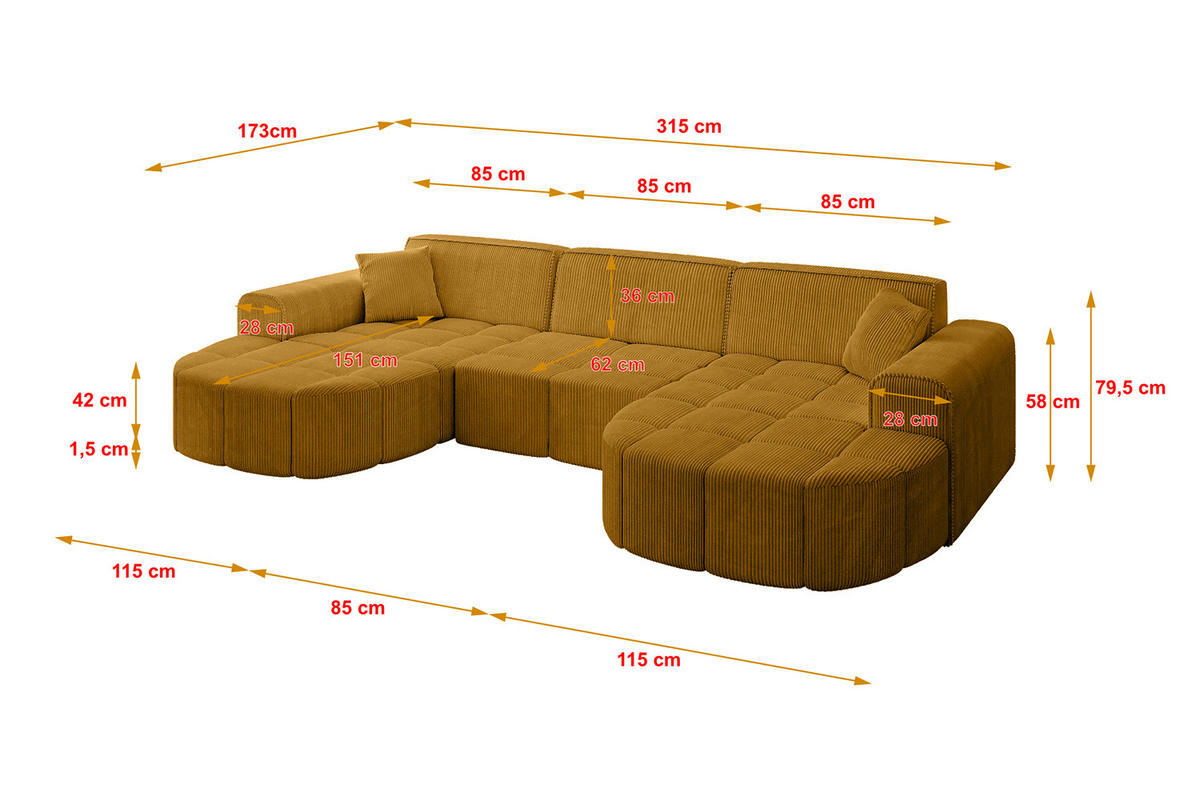 WOHNLANDSCHAFT LIVO-U1 - 315x173x79,5 cm Senfgelb - Currygelb/Gelb, Holzwerkstoff/Textil (315/79/173cm) - ALTDECOR