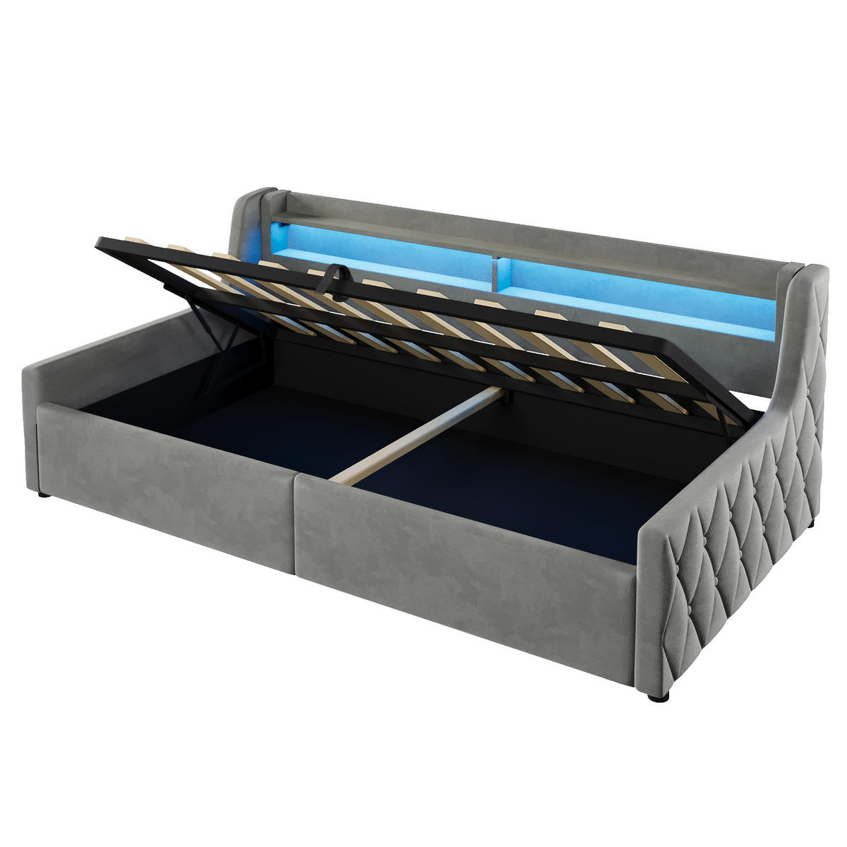 BETT mit Stauraum und LED 90x200 cm Grau - Grau, Metall (90/200cm) - Meubliv