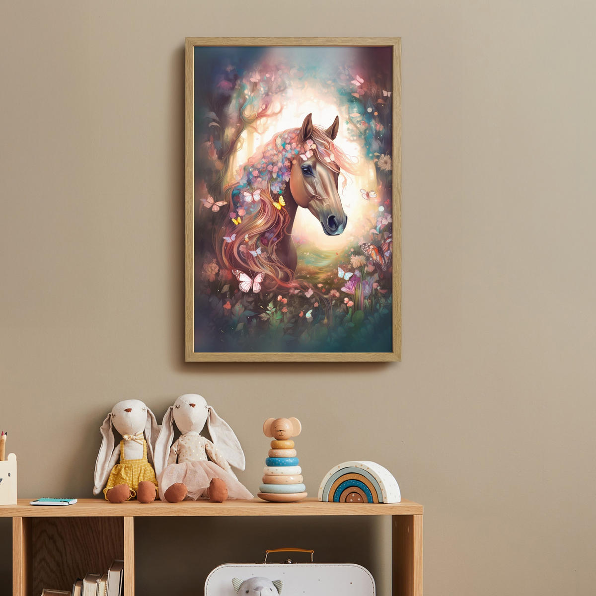NÁSTĚNNÁ LAMPA S AKUMULÁTOREM Kůň - Příroda - Květiny - Motýli - Les 40x60 cm - tmavě hnědá, kompozitní dřevo (40/60/8cm) - OnlyWow