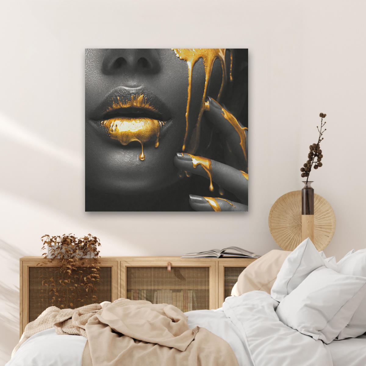 AKUSTIKBILD Frau - Schwarz - Gold - Gesicht - Lippen Akustikpaneele 80x80 cm - Goldfarben, Kunststoff (80/80/0.9cm) - MuchoWow