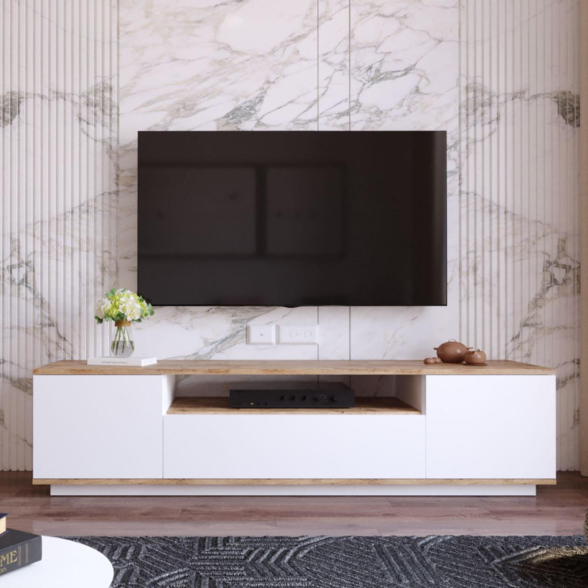 TV-MÖBEL mit 3 Türen & 1 Ablagefach - Weiß & Holzfarben - LOTULA - Naturfarben, Holz (44.5/44.6/180cm) - Vente-Unique