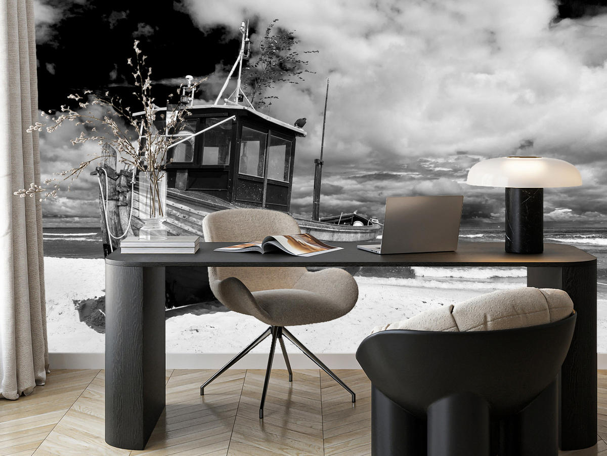 FOTOTAPETA Pre Obývaciu Izbu Čierno-Biela Loď Pláž More 450 x 315 cm - čierna/sivá, papier (450/315cm) - Muralo