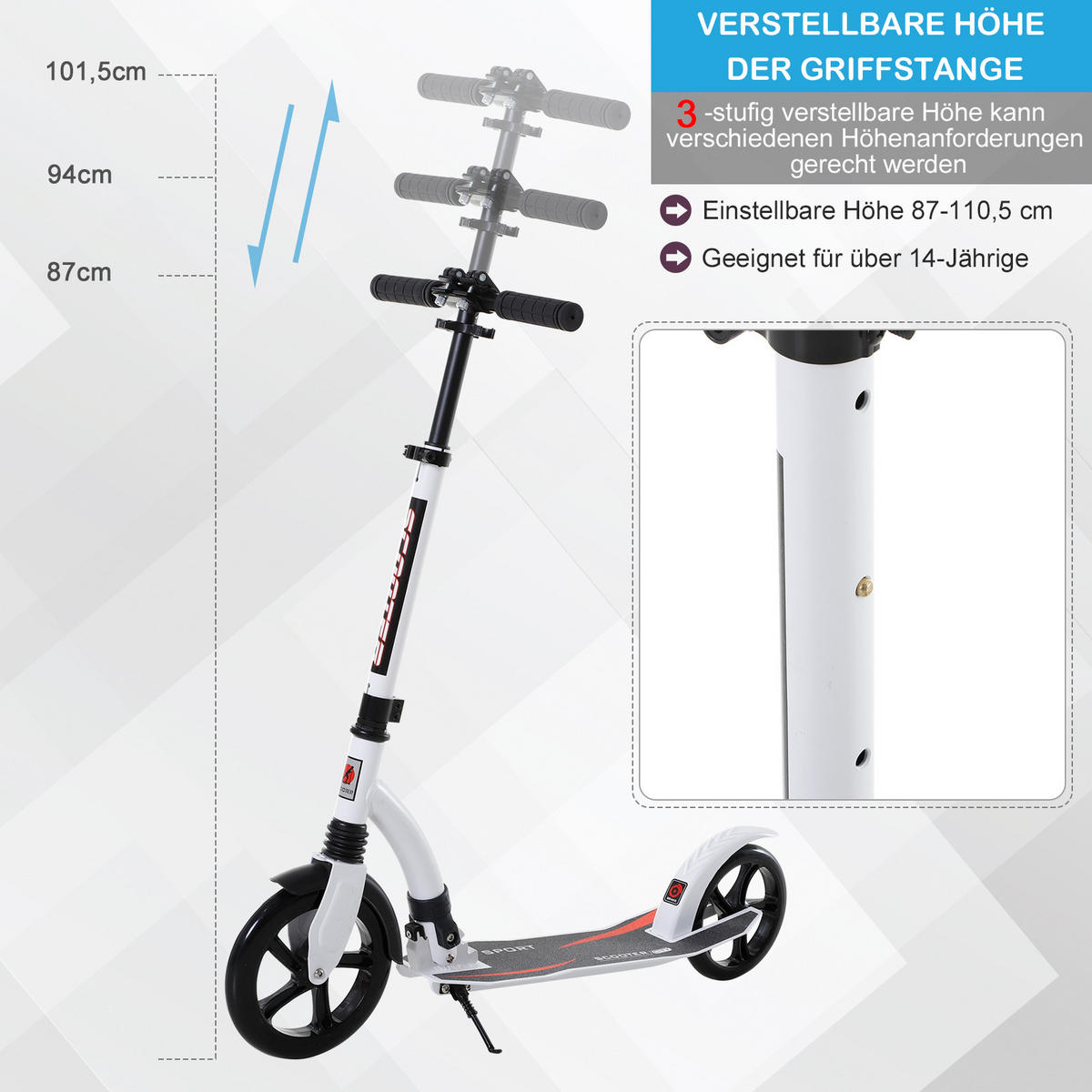 KINDERSCOOTER, Aluminium, Weiß, L92,5 x B37,5 x H82-97 cm - Weiß, Metall (92.5/37.5/97cm) - HOMCOM