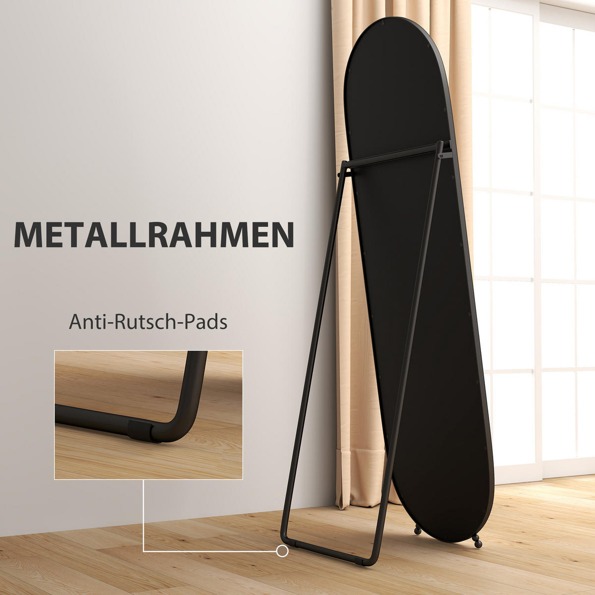 GANZKÖRPERSPIEGEL, 160 x 40 cm Wandspiegel mit Ständer, Schwarz - Schwarz, Metall (40/160/4cm) - HOMCOM