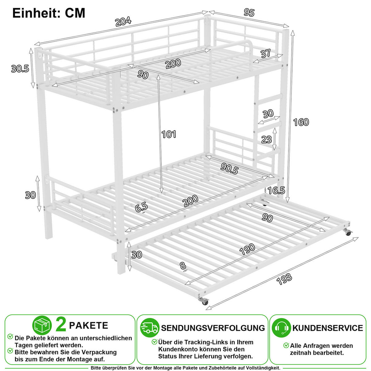 ETAGENBETT 90/200 cm & 90/190 cm in Weiß mit Ausziehbett - Weiß, Metall (90/200cm) - CHICFURN