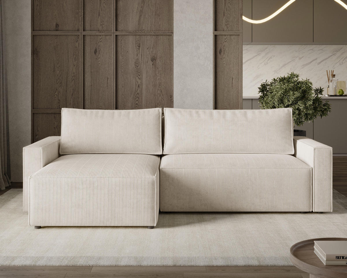 ECKSOFA LIVIO L mit Schlaffunktion und Bettkasten, weicher, dicker Cord pet friendly - POSO 100 - Beige, Holz (230/195cm) - Dekori_Interiors