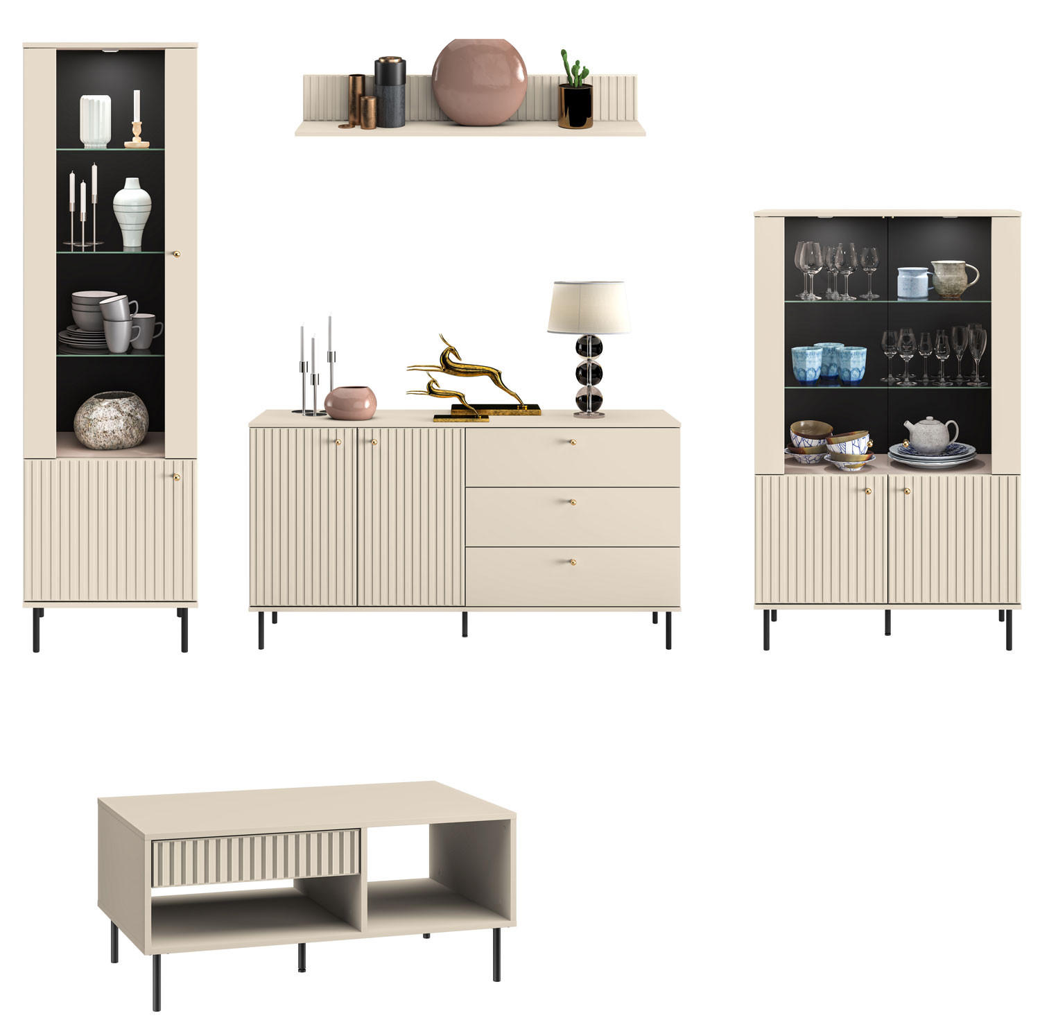 WOHNZIMMER-SET Sophie kaschmir matt 5-teilig - Kaschmir/Braun, Holz/Holzwerkstoff (307/190/60cm) - Feldmann-Wohnen
