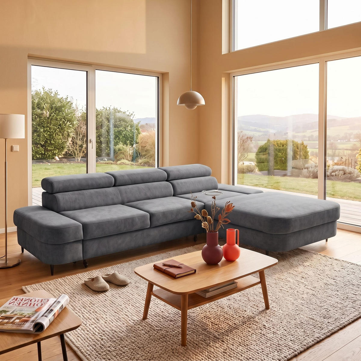 ECKSOFA JAZZ L Rechts mit Schlaffunktion 127x216 Velours Grau - Schwarz/Grau, Holz/Textil (237/285cm) - Muffo