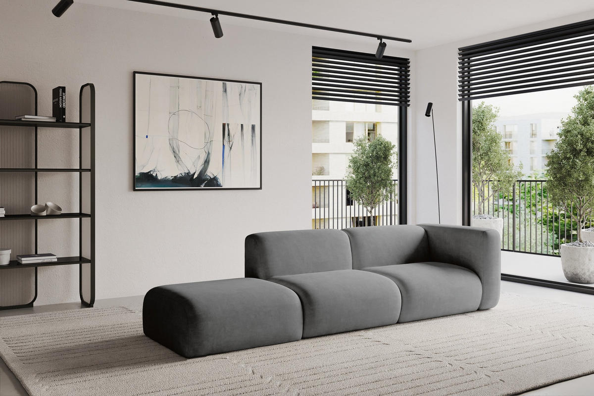 SOFA Ottomane Rechts MIRA-S3 296x89x70 Grau Velours - Schieferfarben/Schwarz, Holzwerkstoff/Kunststoff (296/70/89cm) - ALTDECOR