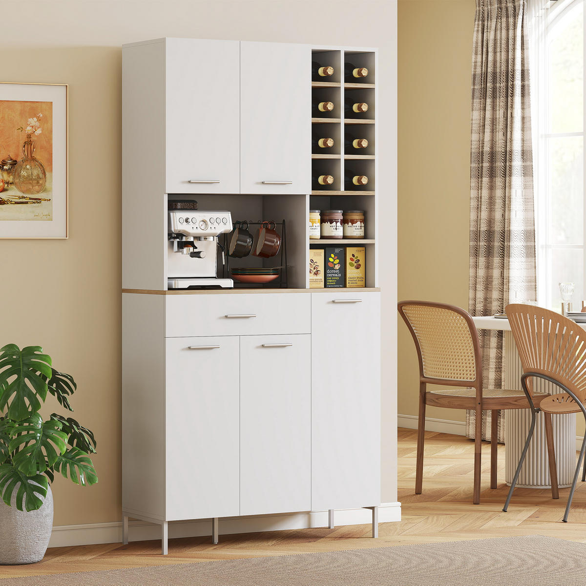 KÜCHENSCHRANK mit offenen Regalen, Fächern, Weinregal, 5 Schranktüren, MDF, Weiß - Silberfarben/Weiß, Holzwerkstoff/Metall (35/183/90cm) - HOMCOM